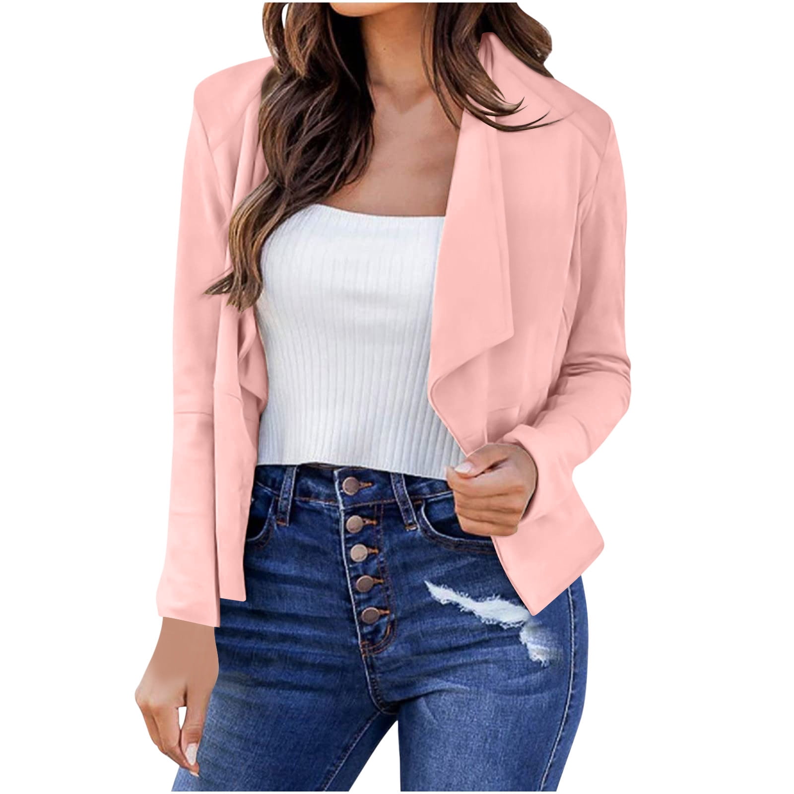 Timegard Lightweight Jacket Women Long Sleeve Cropped Blazer Casual Business Open Front Work Jackets