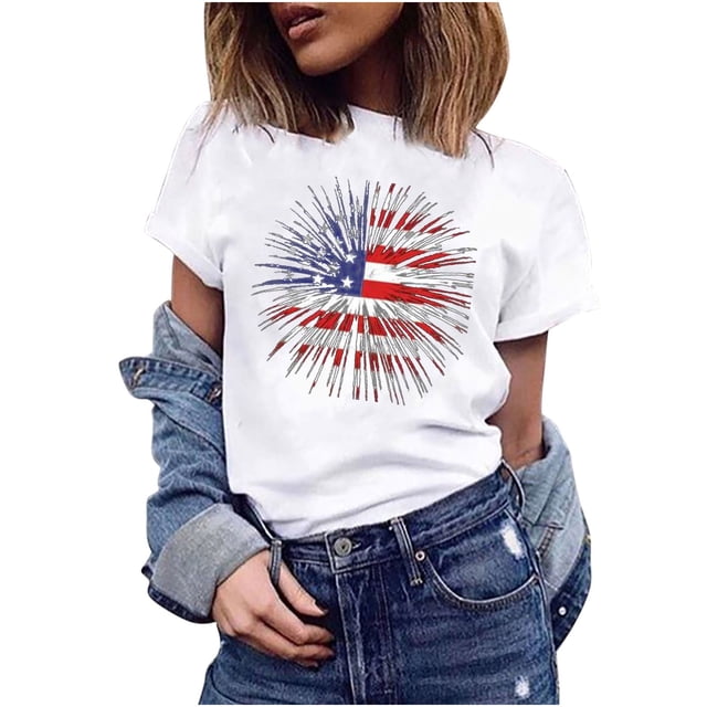 Leutsin T-Shirt Blouse à Manches Courtes pour Femmes à Col Rond avec Imprimé de la Fête de l'Indépendance
