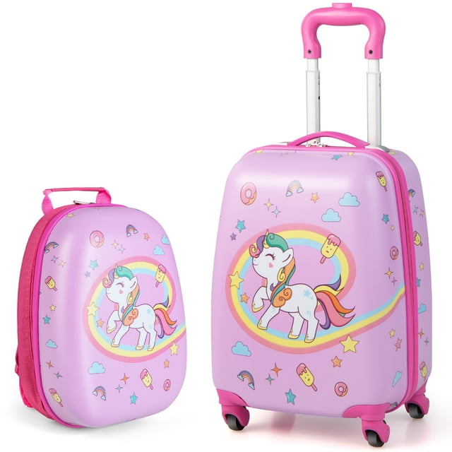 2PC Kids Carry On Luggage Set with a 12-inch backpack and a 16-inch rolling suitcase, designed for children’s travel needs. Both pieces feature a pink unicorn and rainbow design with stars and ice cream graphics. The suitcase includes a telescoping handle, 360° swivel wheels, and a side zipper pocket for classified storage. The backpack has adjustable straps for comfort. Made from durable ABS and PC materials with a frosted protective film for scratch resistance and waterproofing. Ideal for kids’ travel, camps, and outdoor activities.