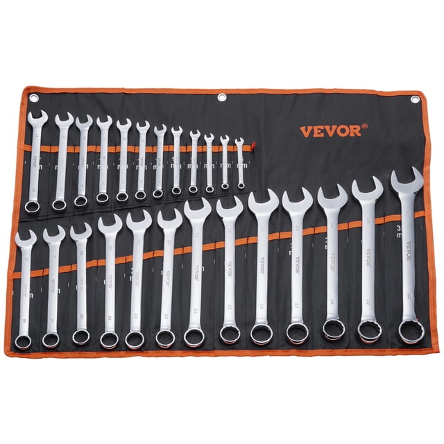 VEVOR Combination Wrench Set 25-Piece Metric 6 mm to 32 mm with Roll-up Pouch. The set includes 25 carbon steel wrenches with sizes ranging from 6 mm to 32 mm, featuring a 12-point contact design for a secure grip and reduced slippage. Each wrench has clear size markings for easy identification. The set is displayed in a black and orange roll-up pouch for organized storage and portability, ideal for automotive repairs, mechanical maintenance, and household tasks.