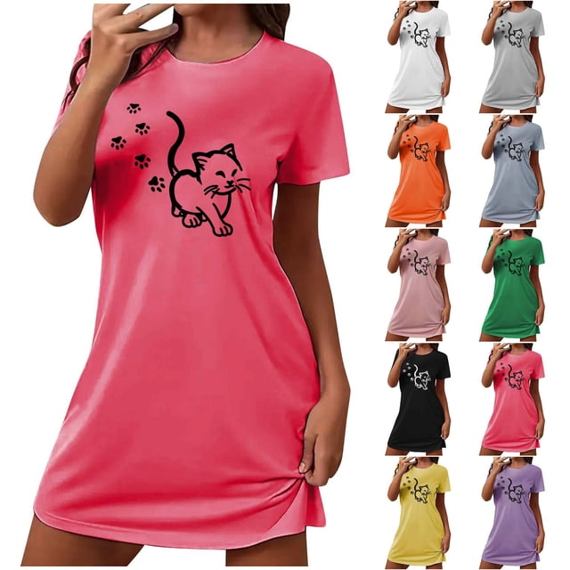 Jovati Chemise de Nuit Courte pour Femmes, Coupe Ample avec Imprimé sur la Poitrine, Nuisette à Manches Courtes à Col Rond, Mélange Polyester Spandex, Tissu Respirant et Léger, S à TTG