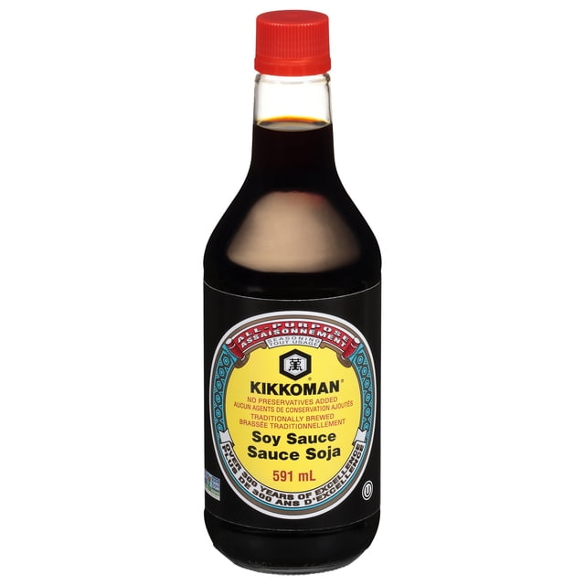 Kikkoman Soy Sauce 591mL bottle with a red screw cap and yellow label stating it is traditionally brewed with no preservatives added, suitable for enhancing flavors in Thai and Southeast Asian cuisine and mainstream dishes.