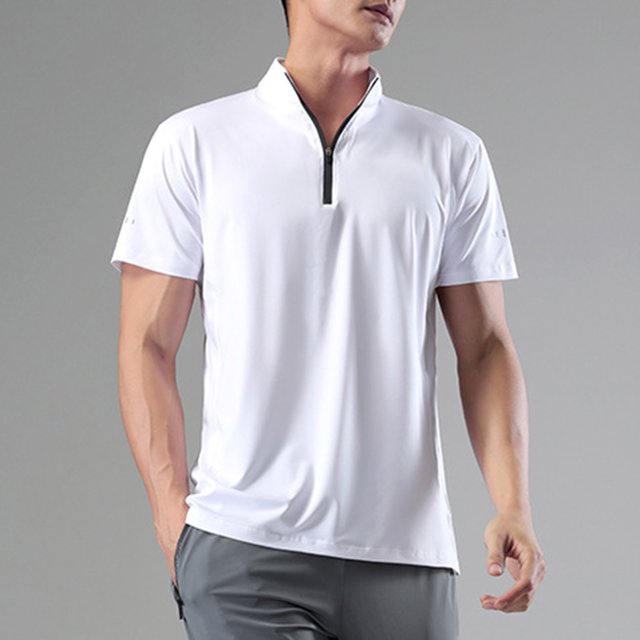 Shirts for Men, Mens Summer Solid Color Fitting Sport Train Zipper Short Sleeved Stand Up Collar Top