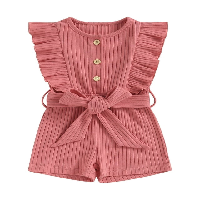 Toddler Baby Girl Clothes Rompers Ribbed Ruffle Sleeveless Button Belted Romper Short Jumpsuit Summer Outfit Brick Red 12-18 Months