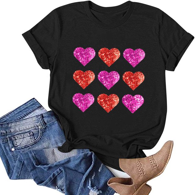 TIMIFIS T-Shirts pour Femmes Saint-Valentin Été Décontracté Manches Courtes Col Rond T-Shirts Mode Imprimé Cœur d'Amour Tee Shirt