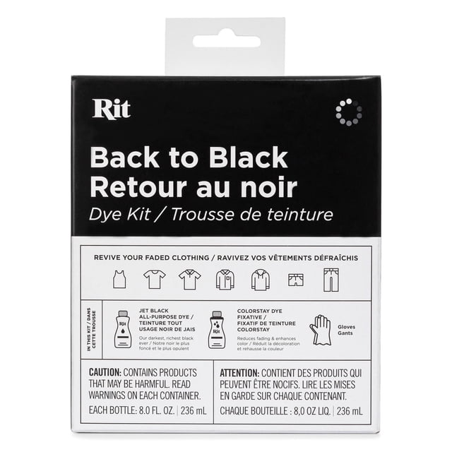 RIT Back to Black Trousse de Teinture avec Teinture Tout Usage pour Tissu Noir Jais, ColorStay Fixateur de Teinture et Gants, Conçue pour Restaurer des Vêtements Noirs Délavés sur Coton, Soie, Laine et Autres Tissus, Convient à la Teinture de Tissus et aux Projets de Restauration de Vêtements.
