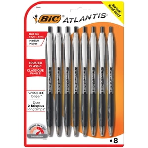 BIC Atlantis Stylo à bille, point moyen, noir, 8 Count, l'original de confiance pour un look et une sensation classiques