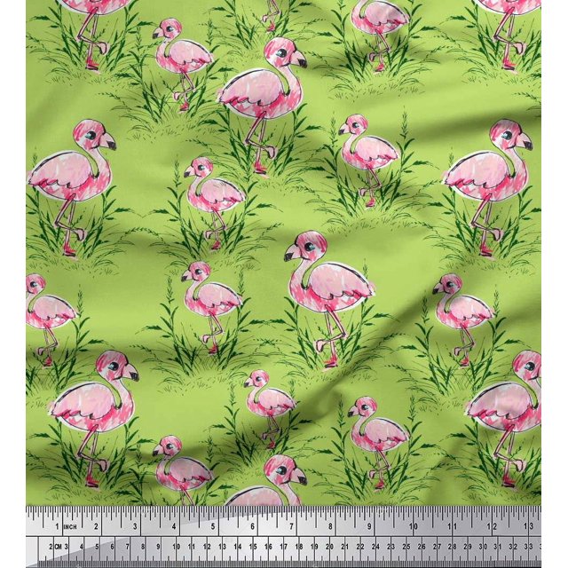 Soimoi Green Rayon Fabric Grass & Flamingo Bird Print Fabric by the Yard 42 Inch Wide