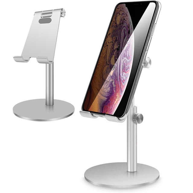 Adjustable Phone Stand, Telescopic Adjustable iPad Stand Holder made of aluminum alloy in a silver finish. Features a telescopic design with 360° horizontal and 270° vertical rotation for versatile angle adjustments. The stand includes rubber pads to prevent scratches and sliding, and a sturdy base for stability. Compatible with most tablets and smartphones, including iPad Pro, Air, Mini, and Samsung tablets. Shown holding a smartphone in a vertical position.