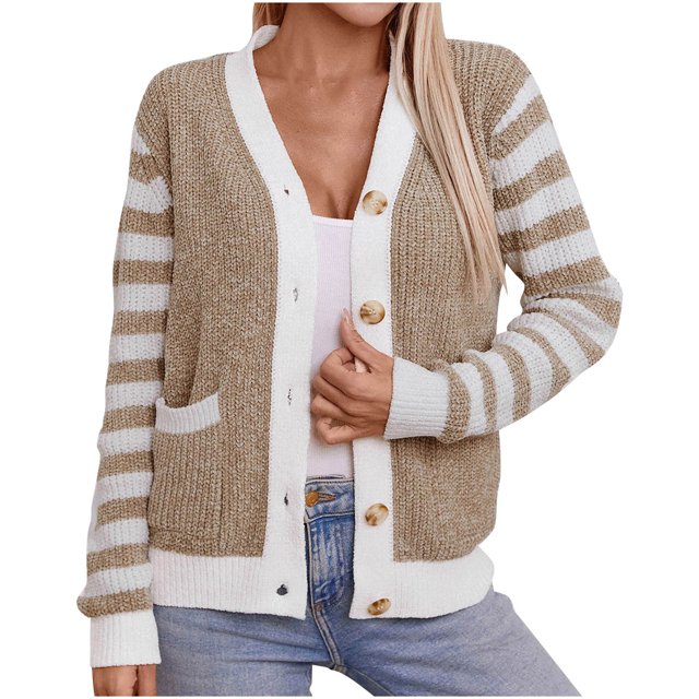 Penkiiy Women's Long Sleeve Open Front Cable Knit Crop Cardigans V Neck Button Sweaters with Pockets M Khaki