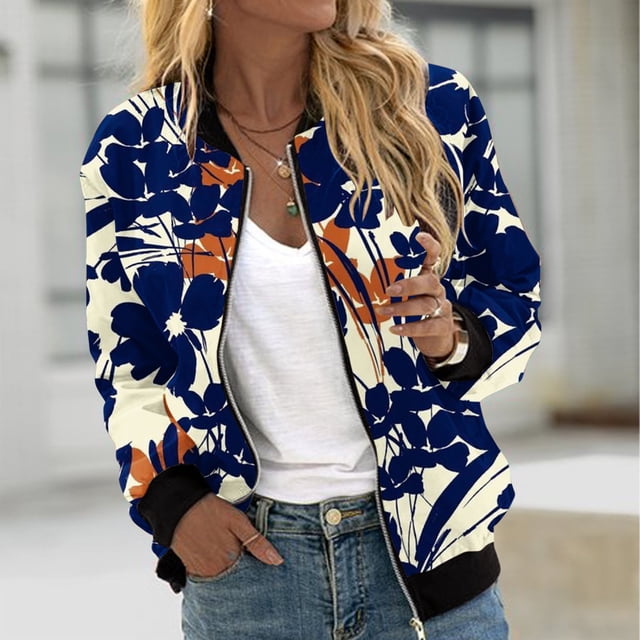 EQWLJWE Liquidation d'Économies d'Été! Veste Bomber de Baseball Zippée à Poches Imprimées Décontractée pour Femmes, Manteau