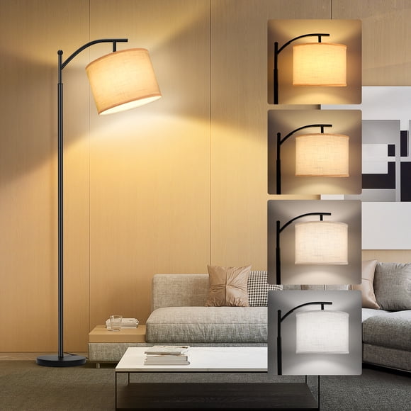 OUTON Lampe sur Pied 63 Pouces avec Ampoule DEL 3CCT, Lampe Moderne avec Abat-Jour en Lin Suspendu, Lampe sur Pied en Métal pour Salon, Chambre (Noir)