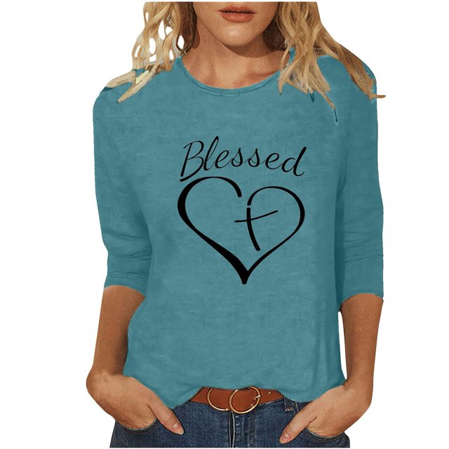 Penkiiy T-Shirts à Manches 3/4 Imprimés Cœur Col Rond Tunique de la Saint-Valentin Blouse m Bleu