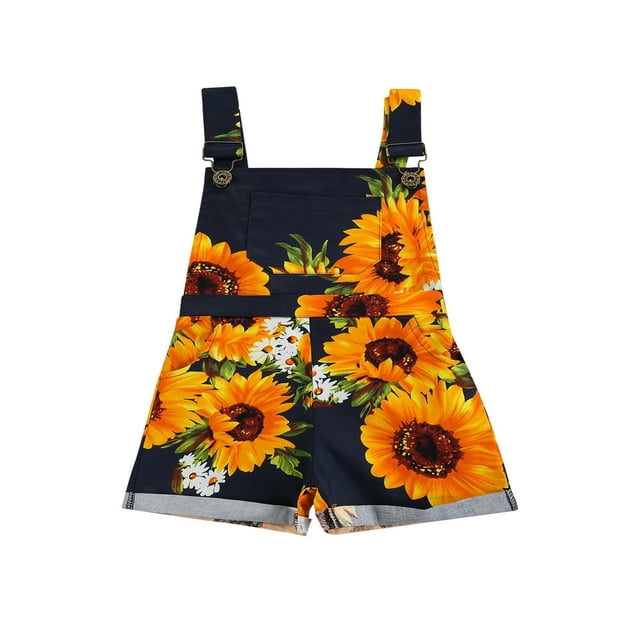 Little Girls Overall Sunflower Print Romper Shorts with Pocket Suspender Pants