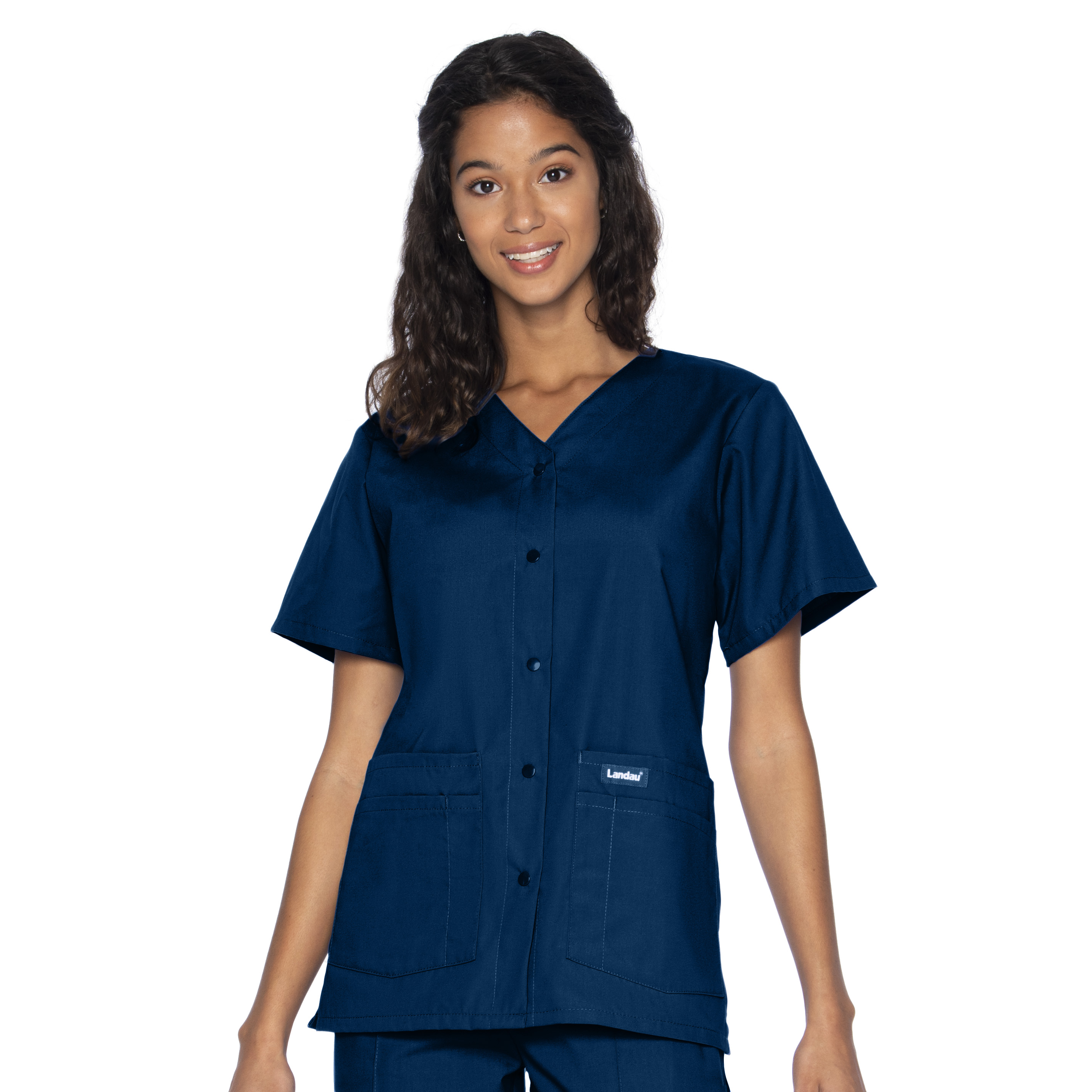 Landau Women's Essentials Snap Front Scrub Top, Classic Relaxed Fit, V-Neck, 4 Pockets