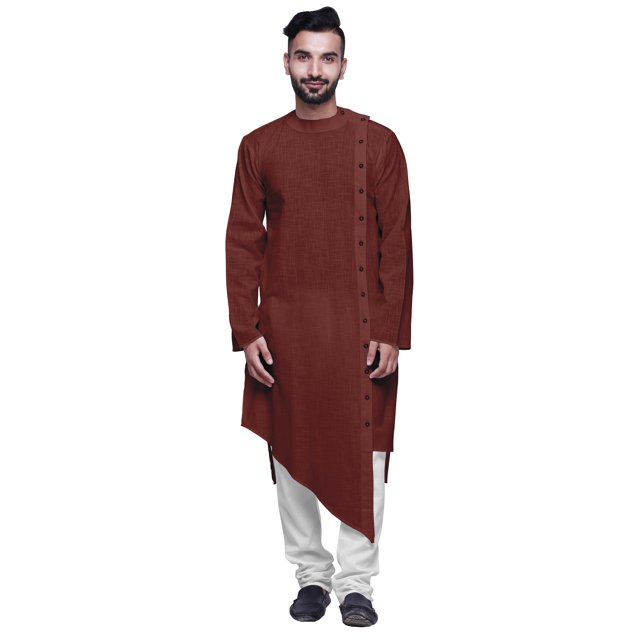 Atasi Kurta à Col Rond Chemise Kurta Uni à Manches Longues pour Hommes Tenue Décontractée