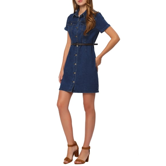 INSPIRE CHIC Women's Denim Shirt Dress Collar Short Sleeve Belted Button Up Jean Dresses Blue M