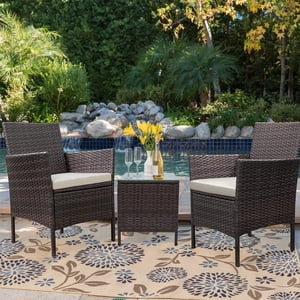 Homall 3 Pieces Outdoor Patio Furniture PE Rattan Wicker Table and Chairs Set Bar Set with Cushioned Tempered Glass, Brown/Beige, 2