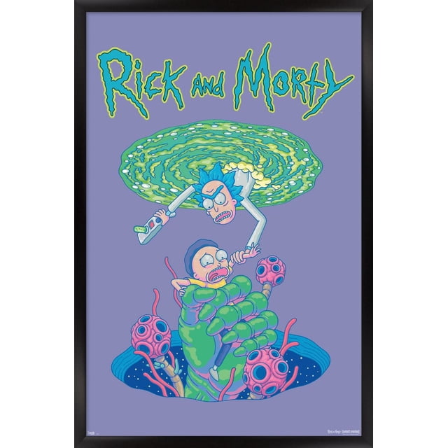 Rick And Morty - Affiche Murale d'Automne Portal, 22,375 Pouces x 34 Pouces Représente Rick Émergeant d'Un Portail Vert Tourbillonnant Tenant un Pistolet Portal, Tendant la Main pour Attraper Morty Piégé dans une Grande Main d'Extraterrestre Verte avec des Tentacules Semblables à une Orbe Rose sur un Fond Violet, Imprimée sur Papier d'Affiche Lustré, Convenant à la Déco de la Maison et à l'Art Mural.