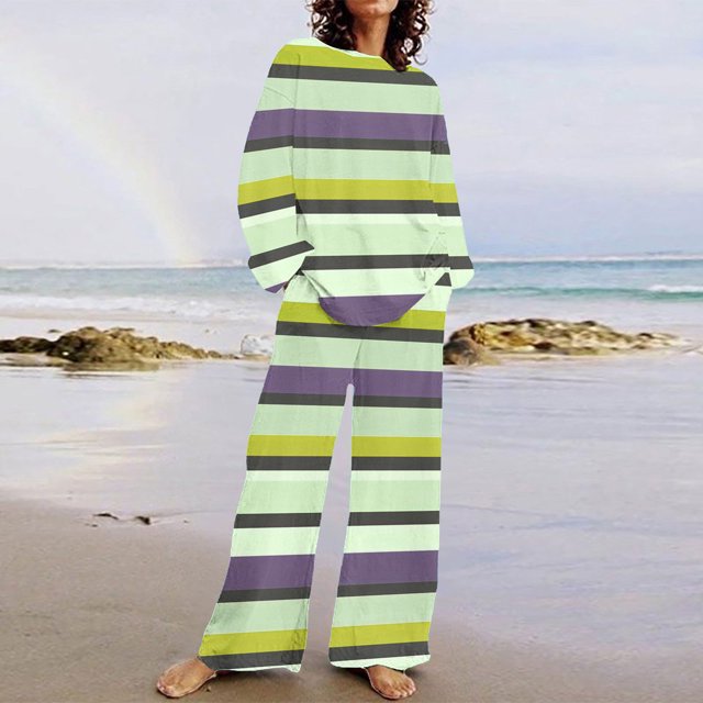 TIMIFIS Ensembles de Détente à Rayures pour Femmes 2 Pcs Décontractés Amples Col Ras du Cou Haut à Manches Longues et Pantalons Longs Tenues