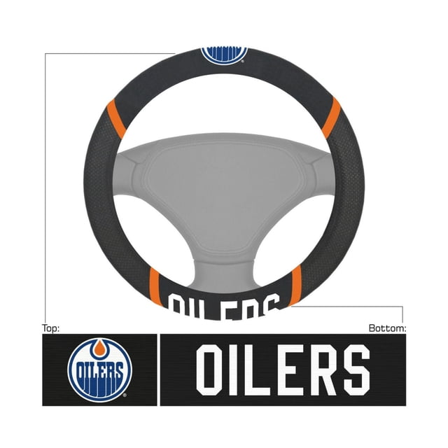 NHL Edmonton Oilers Steering Wheel Cover made of black faux suede and mesh with orange accent stripes. Features embroidered Edmonton Oilers logo on top and 'OILERS' text on bottom. Fits most 15-inch steering wheels, enhancing grip and hand comfort year-round.