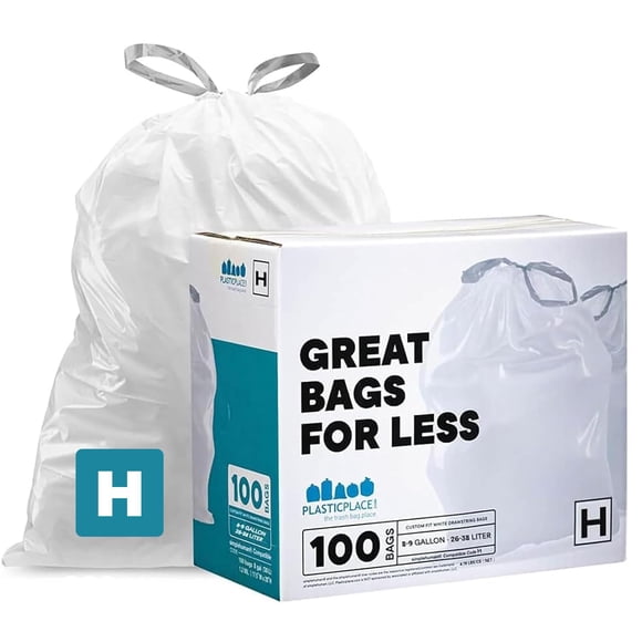 Plasticplace Trash Bags, Compatible with Simplehuman Code H, 8-9 Gallon Trash Can Liners, White Drawstring Garbage Bags, 100 Count Heavy Du