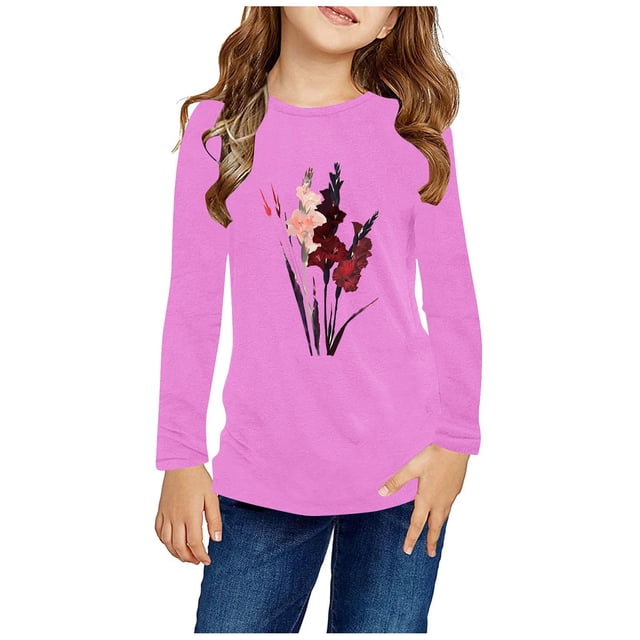 RXIRUCGD Chemises à Manches Longues pour Filles, Col Rond Mignon, Blouses Décontractées Élégantes (Rose, Taille : 4-5 Ans)