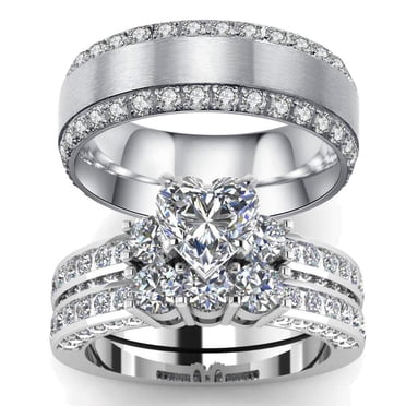 LOVERSRING Ensemble de 3 Pcs Bague de Couple pour Lui et Elle Ensemble de Mariée Lui Elle Femmes Or Blanc Rempli Cœur Cz Homme Bague de Mariage en Titane Ensemble d'Alliances