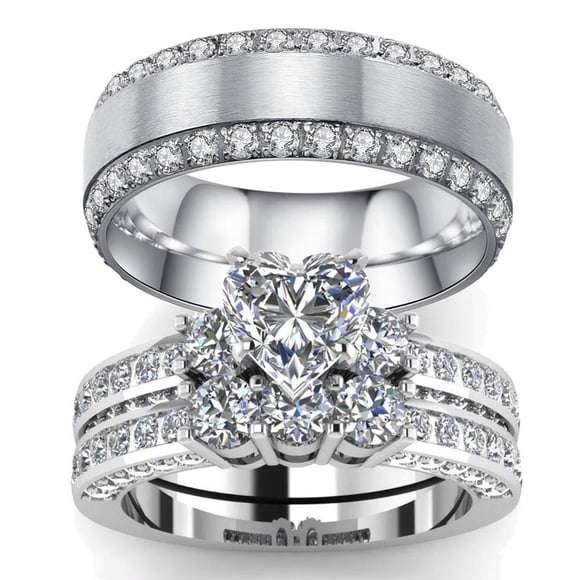 LOVERSRING Ensemble de 3 Pcs Bague de Couple pour Lui et Elle Ensemble de Mariée Lui Elle Femmes Or Blanc Rempli Cœur Cz Homme Bague de Mariage en Titane Ensemble d'Alliances