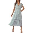 thumbnail image 3 of Women's Floral Boho Dress Wrap V Neck Short Sleeve Belted Ruffle Hem A-Line Flowy Maxi Dresses, 3 of 14