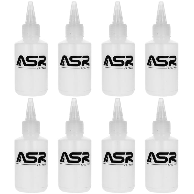 An 8-pack of ASR Outdoor 4oz snuffer gold panning snifter bottles with squeeze nozzles, designed for gold recovery and prospecting. Each transparent bottle features the ASR Outdoor logo and a pointed nozzle for precise suction. The bottles are 5 inches tall with a 1-inch diameter, making them compact and portable for travel or field use. Ideal for extracting fine gold flakes and flour from pans, as well as for various hobbies or crafts.