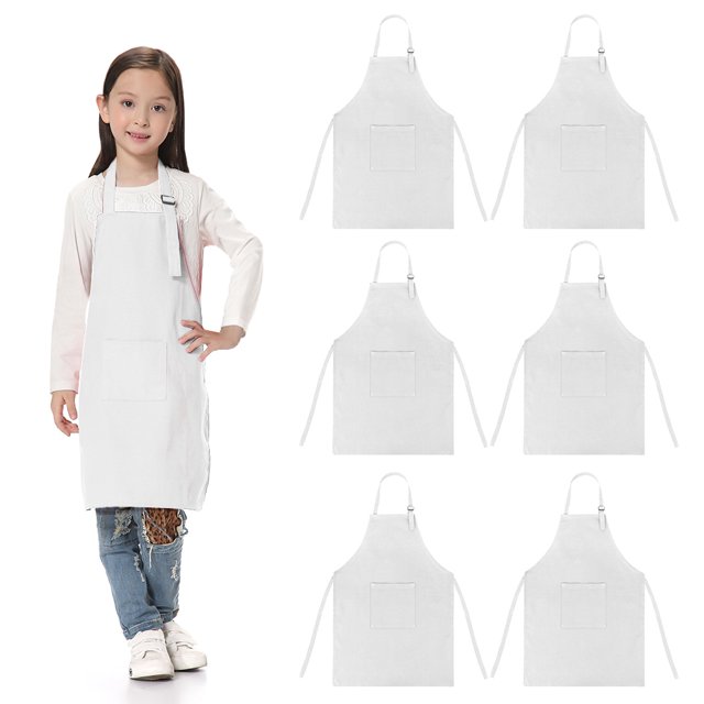 TOPTIE 6 Pack Kids Aprons with Pocket & Adjustable Strap, Child Chef Bib Apron for Kitchen Cooking Baking Painting-White-M