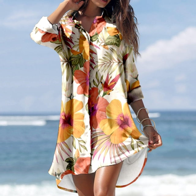 Cache-maillots pour Femmes Cache-Maillots d'Été Décontractés pour Femmes Col Rabattu Manches Longues Blouse Imprimée à Boutons avec Poche Robes Chemise Cache-Maillots pour Maillots de Bain Robe pour Femmes en Liquidation