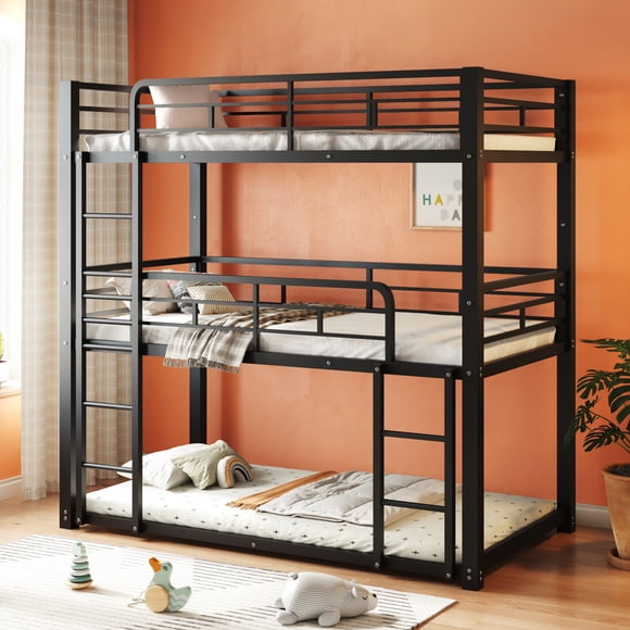 Euroco Metal 3-Twin Bunk Bed, Triple Space-Saving Bed for Kids Teens & Adults, Black