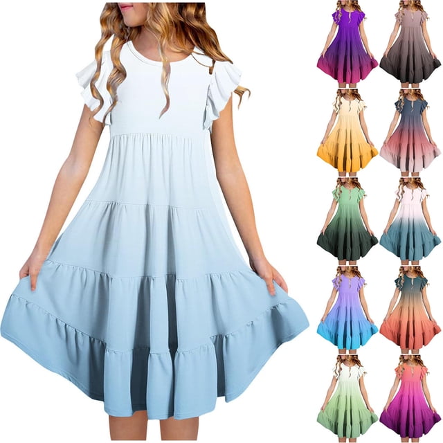 Tranfacy Robes d'Été pour Ados, Robes pour Filles Taille 10-12, Robe d'Été pour Filles 6-15 Mode Robe à Dégradé de Couleurs avec Poches Manches Courtes Col Rond Robe Trapèze