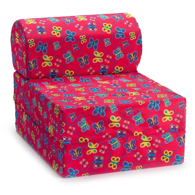 ComfyKids® 2-in-1 Flip Chair in bright red fabric with colorful butterfly patterns, shown in chair form with cushioned backrest and seat, ideal for kids' rooms and living room seating as a versatile chair that flips into a bed for sleepovers.