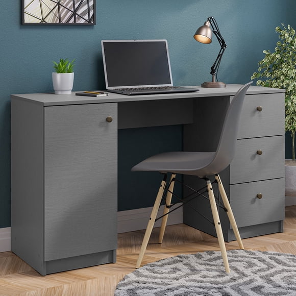 Madesa Bureau d'Ordinateur et d'Écriture de Direction 53 Pouces avec 3 Tiroirs et 1 Porte, Poignées Métalliques Table d'Étude en Bois pour Bureau à Domicile PC avec Rangement - Gris