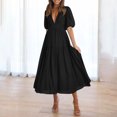 thumbnail image 1 of LOVZFMLL Robe Longue Décontractée pour Femme à Manches Bouffantes, Col en V, Noire, TG, 1 of 9