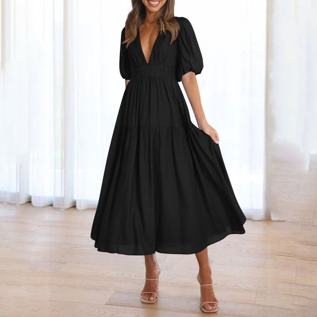 LOVZFMLL Robe Longue Décontractée pour Femme à Manches Bouffantes, Col en V, Noire, TG
