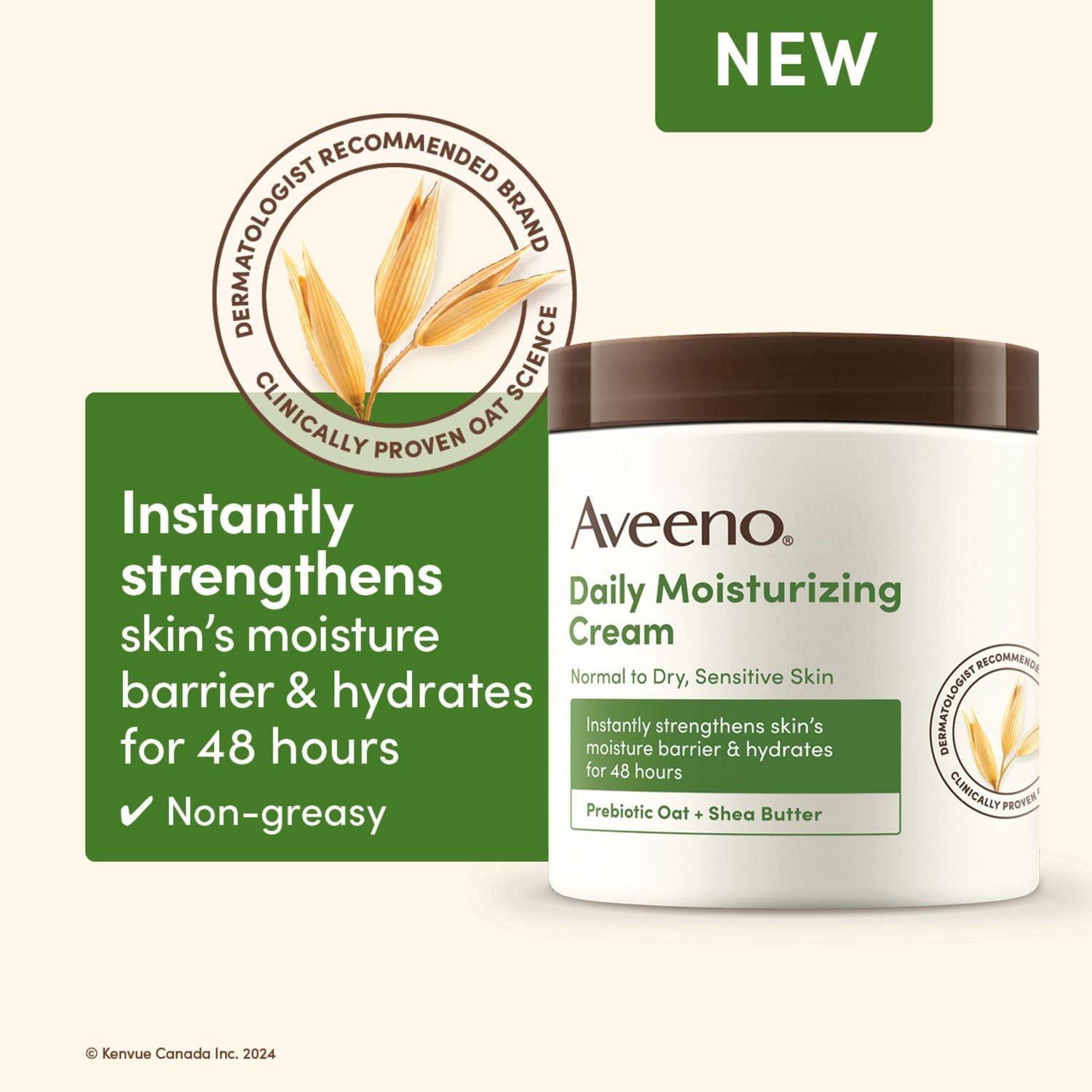 Crème hydratante quotidienne Aveeno avec avoine prébiotique et beurre de karité, pour peau sensible, normale à sèche, hydrate pendant 48 heures, sans parfum, non grasse et non comédogène, 425 g