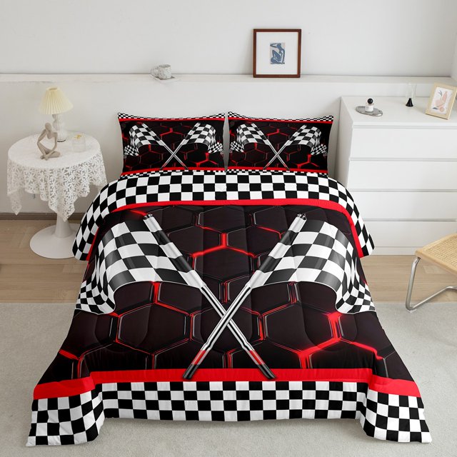 Erosebridal Checkered Flag Bedding King Comforter Set, Red Geometry Down Comforter, Extreme Sports Decor, Reversible 3-Piece