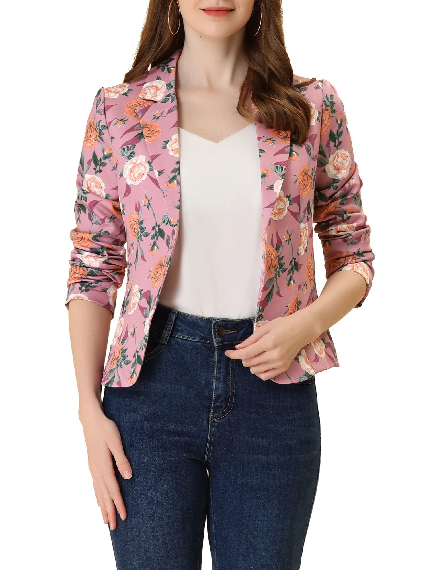 INSPIRE CHIC Women's Fitted Blazer Notch Lapel Printed Open Front Work Suit Jacket XS Rose-Floral