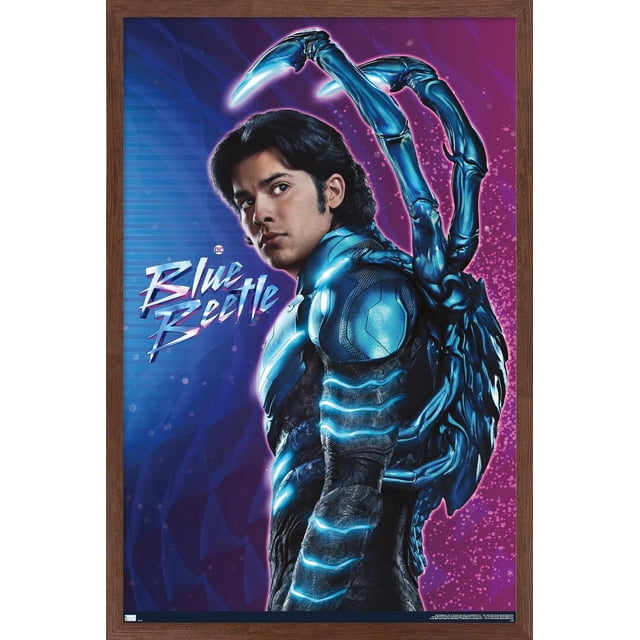 DC Comics Movie Blue Beetle - Jaime Reyes Wall Poster, 22.375" x 34", depicting Blue Beetle in a blue and black armored suit with glowing neon blue accents and mechanical beetle limbs extending from his back, set against a purple and blue gradient background with the 'Blue Beetle' logo, ideal for bedroom or office wall decor.