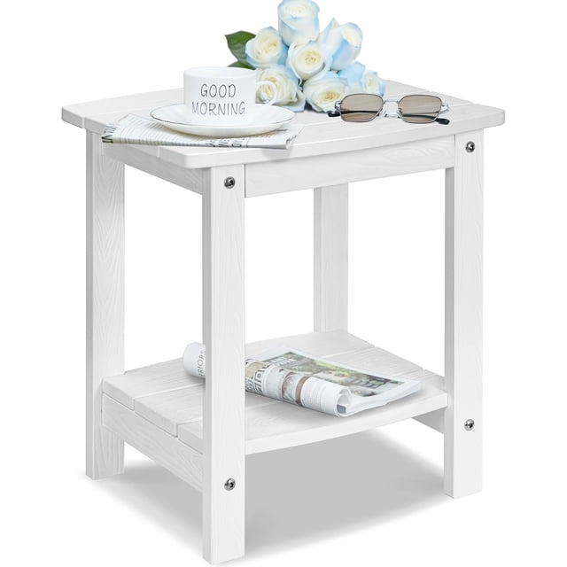 Outdoor Side Table, HIPS Adirondack Small Double Layer Table, Waterproof Square Outside Table, Balcony Modern End Tables for Patio, Pool, Beach, Porch, Deck, Indoor or Outdoor Use, White
