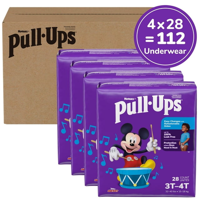 Pull-Ups Boys' Potty Training Pants, 3T-4T (32-40 lbs), 112 Count pack view with a sample pant visible — 3T-4T training pant with Mickey Mouse graphics that fade when wet, Learning Layer that feels wet but stays dry, targeted leak protection for boys, soft hypoallergenic fabric and refastenable sides.