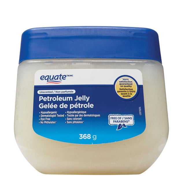 Equate™ Gelée de Pétrole Non Parfumée 368 g dans un Pot en Plastique Translucide avec Couvercle Bleu et Étiquette Indiquant Hypoallergénique, Testé par des Dermatologues, Sans Colorant, et Sans Phtalates, Formulé pour Hydrater la Peau Sèche et Protéger les Petites Coupures, Éraflures et Brûlures, Convient aux Soins du Corps.