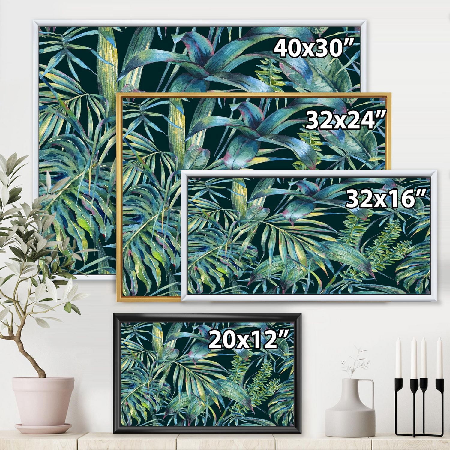 Designart Feuilles naturelles exotiques sur foncé I ART MURAL À CADRE FLOTTÉ
