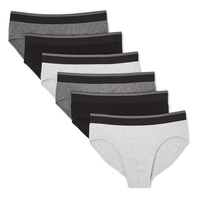 Athletic Works Men's Briefs 6-Pack with assorted grey, black, and light grey briefs in a classic brief cut, featuring elasticized waistbands and legholes for stretch fit and comfort, suitable for year-round wear and everyday use.