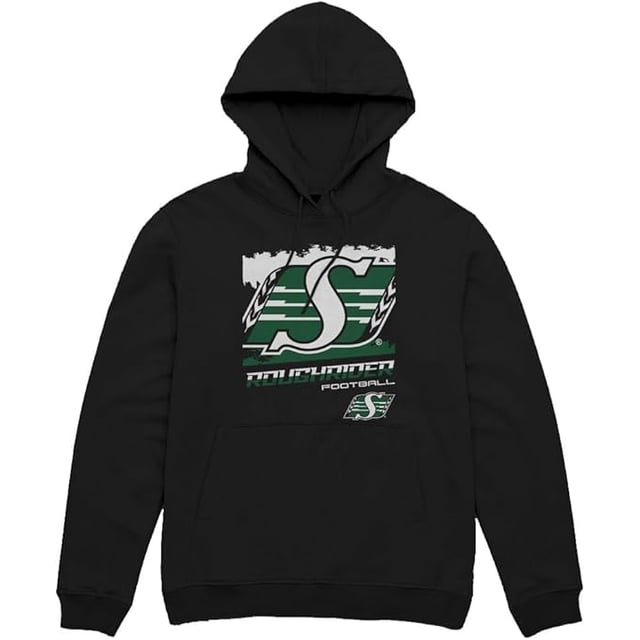 CFL Saskatchewan Roughriders Grunge BG Black X-Large Hoodie featuring a bold Roughriders logo with a grunge-style background in green and white. Made from high-quality cotton, this black hoodie offers comfort and durability. Designed with a front kangaroo pocket and adjustable drawstring hood, it is ideal for fans of the Saskatchewan Roughriders. Suitable for gender-neutral adult wear.