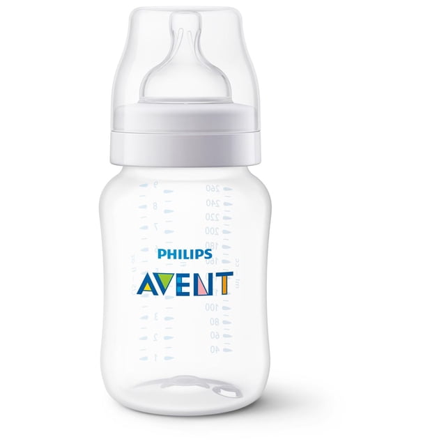 Philips Avent Anti-colic Baby Bottle, 9oz, 1 pack, clear BPA-free plastic bottle with white screw-on cap and transparent nipple, marked with volume measurements in ounces and milliliters, features clinically proven anti-colic valve to reduce colic and gas, ribbed nipple texture prevents collapse for uninterrupted feeding, easy to clean and assemble.